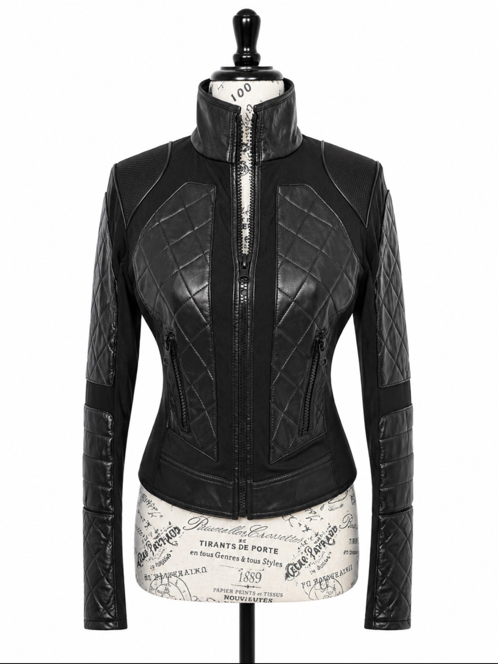 Blanc Noir Genuine Leather Mesh Moto Jacket Black XS Quilted Lace-Up